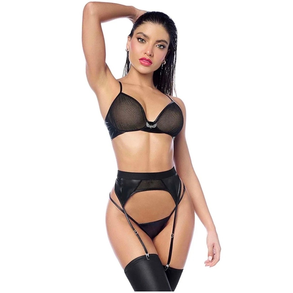 MAPALE 3-Piece Black Mesh Lingerie Set Bra Panty Garter Belt S/M Style 2806